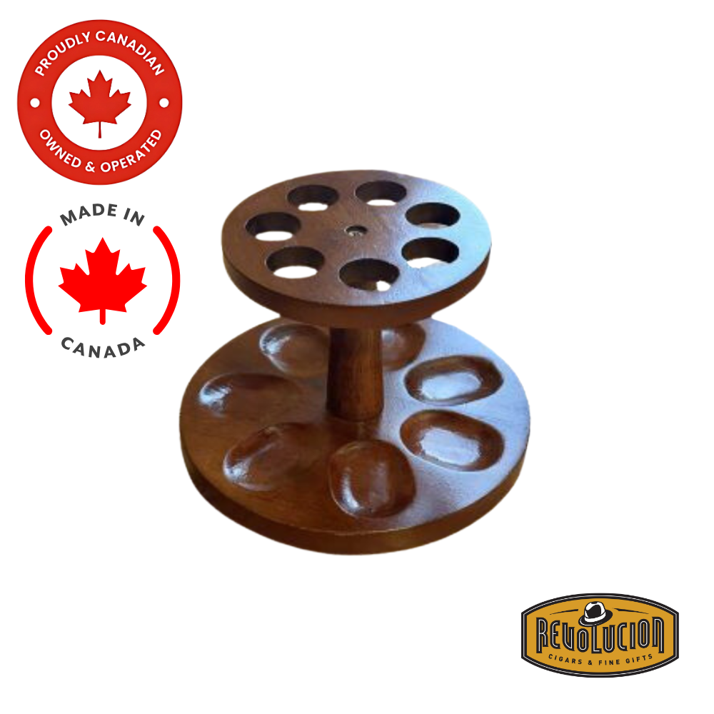 Brigham Round 7 Pipe Wood Rack, a circular wooden stand designed to hold up to seven smoking pipes securely.