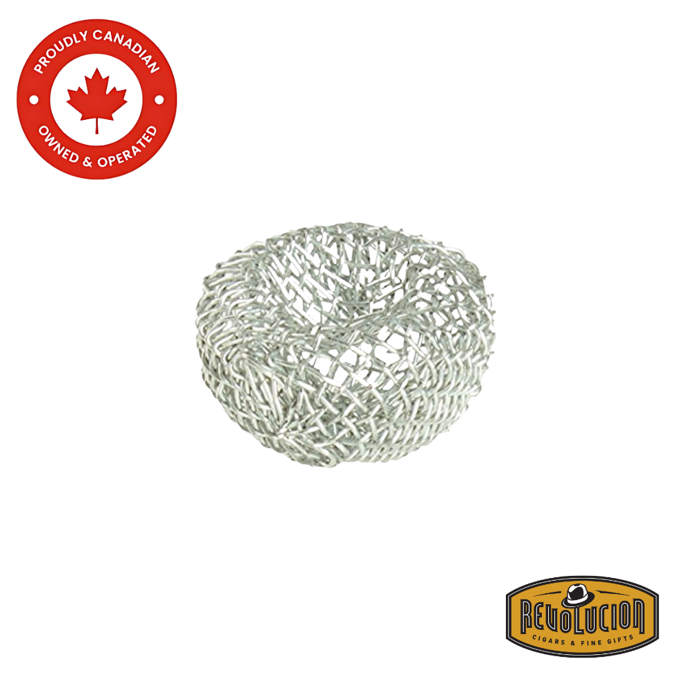 Single concave stainless steel pipe screen, enhancing air flow and combustion in pipe bowls. Revolucion Cigars & Fine Gifts logo in the bottom corner.