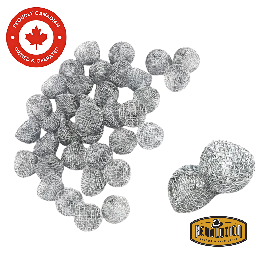 Bulk pile of concave stainless steel pipe screens for improved air flow in pipe bowls. Revolucion Cigars & Fine Gifts logo in the bottom corner.