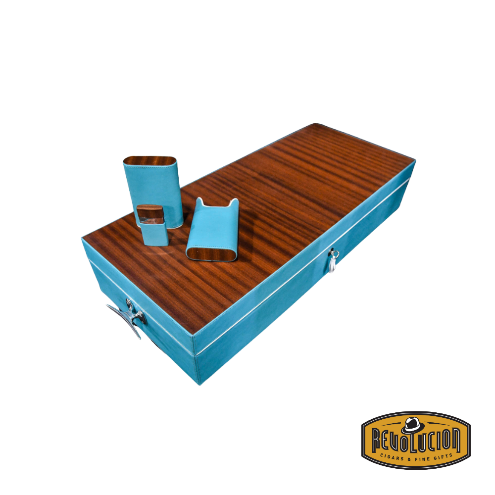 Brizard & Co Extra Wide Airflow Humidor 150 Count - Positano, featuring a sleek turquoise and African mahogany exterior with a refined finish for a sophisticated touch.