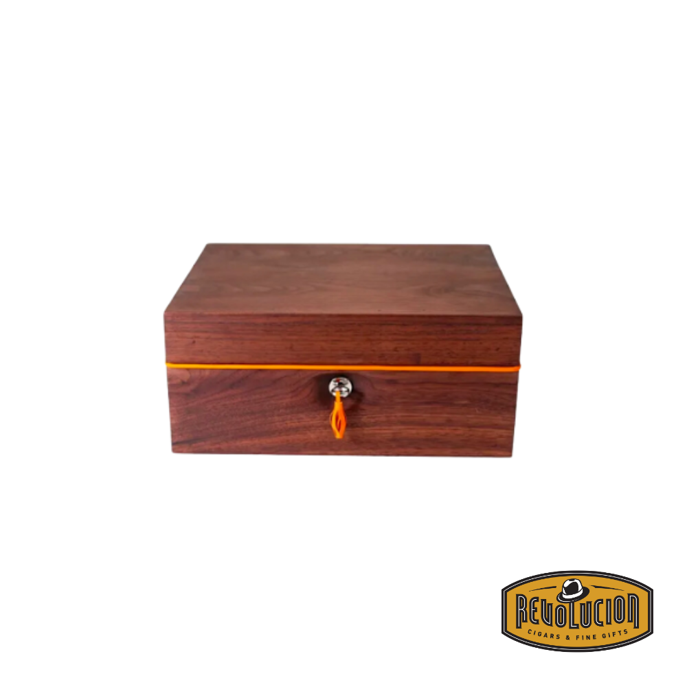 Brizard & Co Airflow Cigar Humidor 30 Count in Solid Walnut with Orange Piping, showcasing a sleek wooden exterior with a vibrant orange accent for a sophisticated touch.