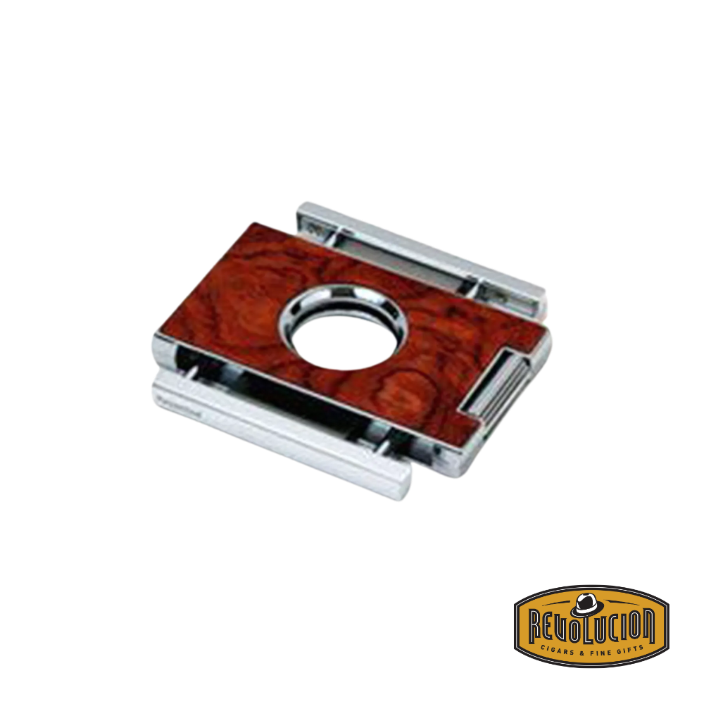 Brizard & Co. Elite Series Cigar Cutter in bubinga wood finish, displayed open to reveal its razor-sharp double blades for a precise and smooth cut.