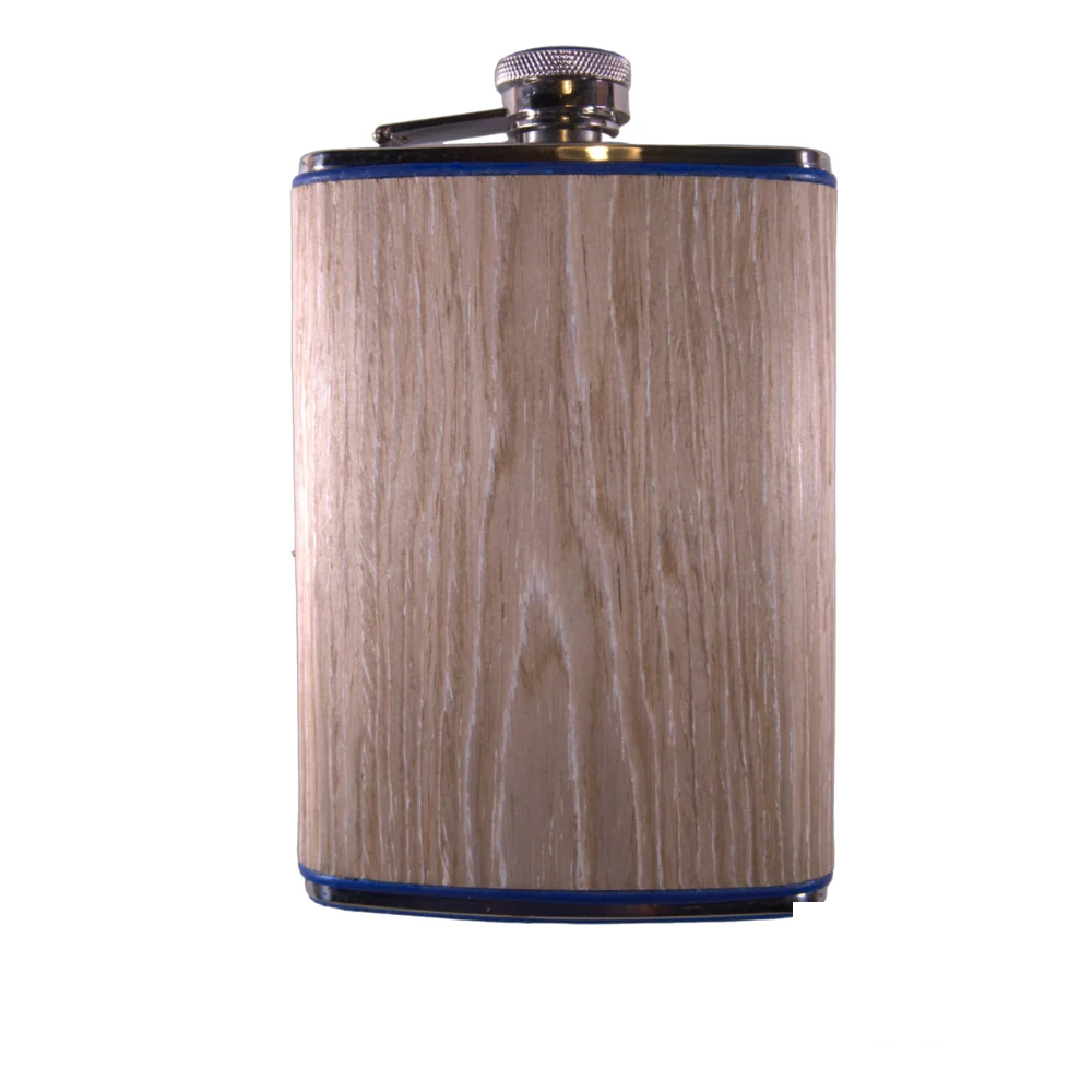 Stylish flask featuring a bleached oak wood finish, accented with royal blue trim and a secure screw-on cap. Includes the Revolucion Cigars & Fine Gifts logo.