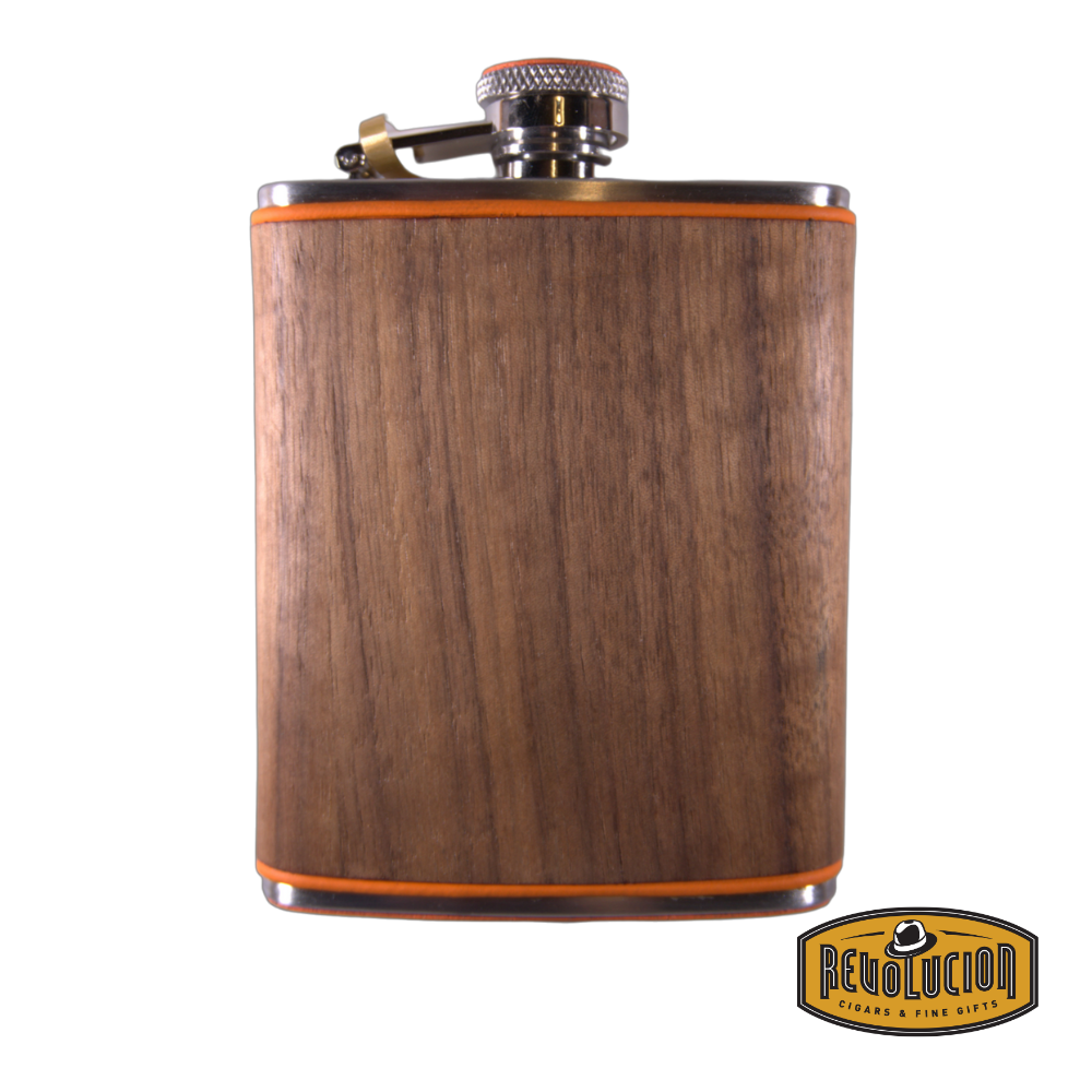 Elegant wooden flask featuring a smooth natural wood finish, highlighted with orange trim and a secure screw-on cap. Includes the Revolucion Cigars & Fine Gifts logo