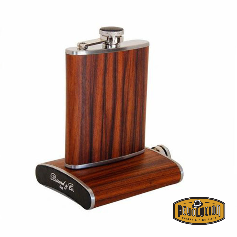 Luxurious rosewood flask set by Brizard & Co., featuring a polished stainless steel cap and a matching rosewood stand. A refined gift for the discerning individual. Includes the Revolucion Cigars & Fine Gifts logo.