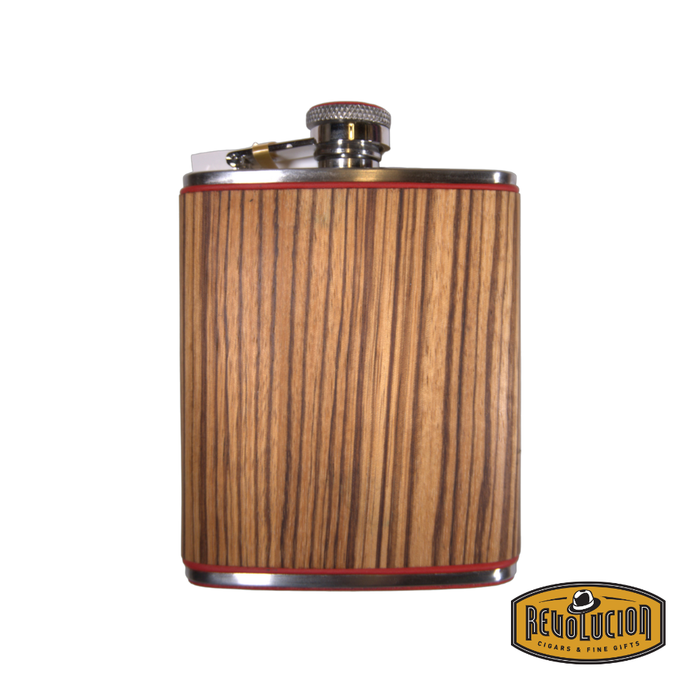 Brizard & Co Flask - Zebrawood & Racing Red, a premium 6oz flask featuring an elegant combination of exotic zebrawood and bold racing red leather for a sophisticated and stylish look.