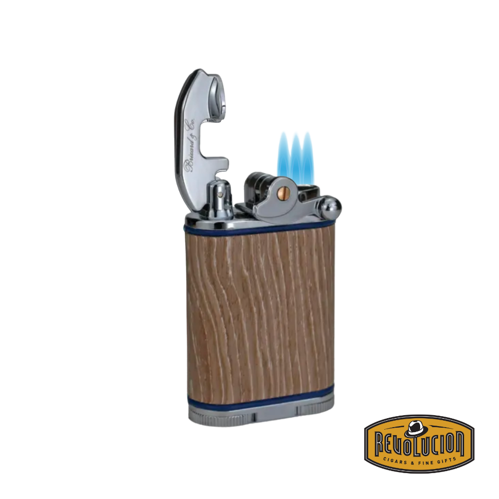 Brizard & Co Gatsby Table Lighter ignited, displaying its triple-jet flame and premium design.