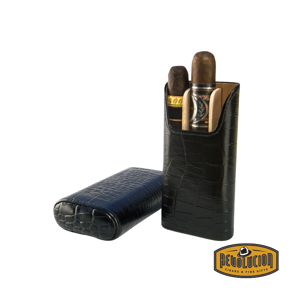 Brizard & Co Show Band 3 Cigar Case - Croco Black Pattern, opened with cigars inside, showcasing its refined crocodile-patterned leather exterior and spacious interior.