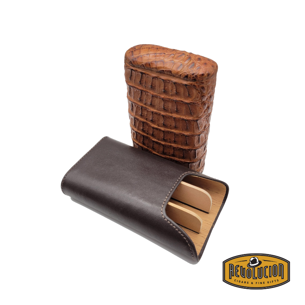 Brizard & Co Show Band 3 Cigar Case - Genuine Caiman Cognac & Coffee, opened view, showcasing its premium caiman leather texture and spacious cigar compartments.