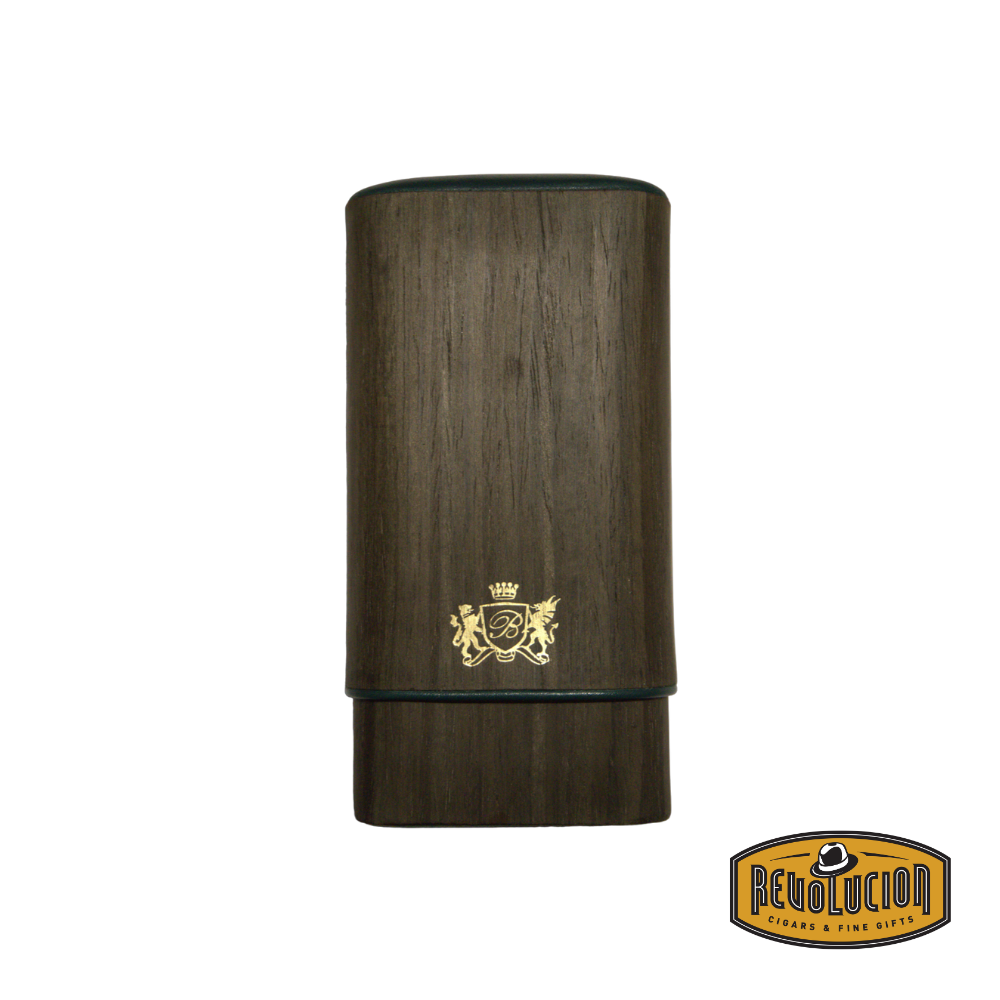 Brizard & Co Show Band 3 Cigar Case - Gunmetal Ebony & Racing Green, front view, showcasing its sleek wood and leather design.