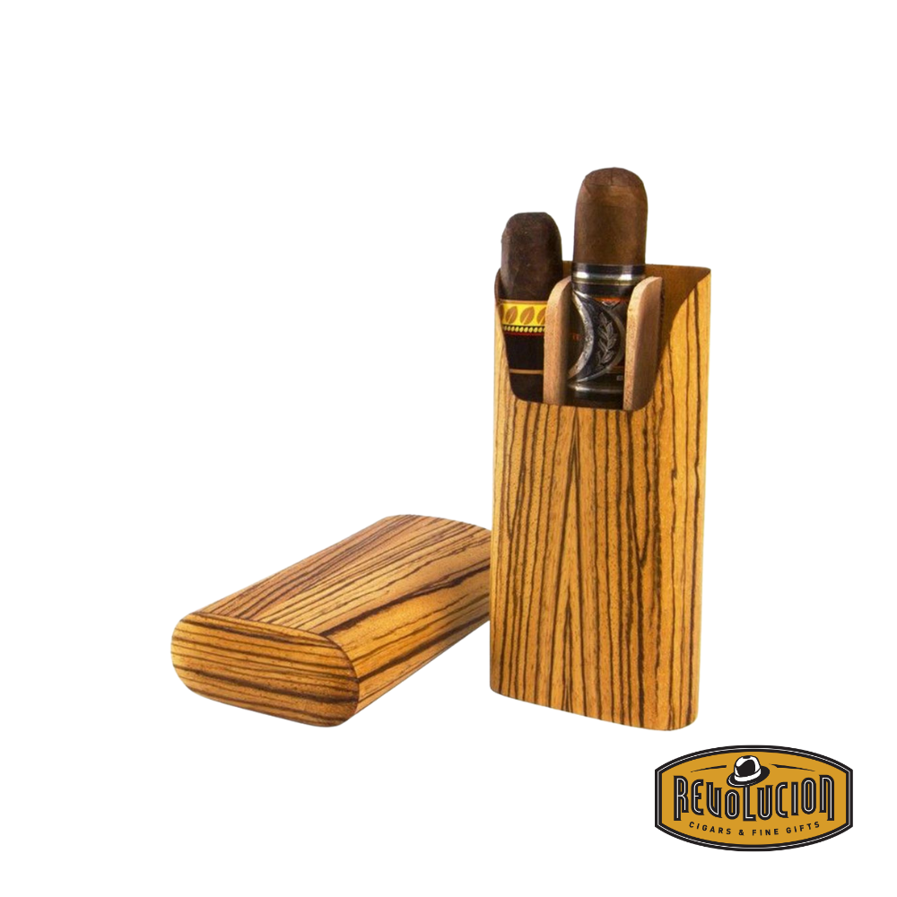 Brizard & Co Show Band 3 Cigar Case - Zebra Wood opened with cigars inside, showcasing its exotic zebra wood grain and refined craftsmanship.