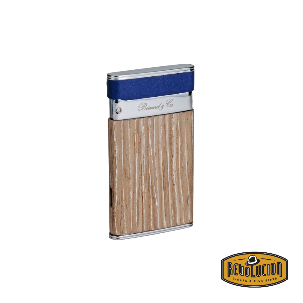Brizard & Co Sottile Single Flame Lighter in Bleached Oak & Royal Blue, showcasing its sleek profile and premium wood finish.