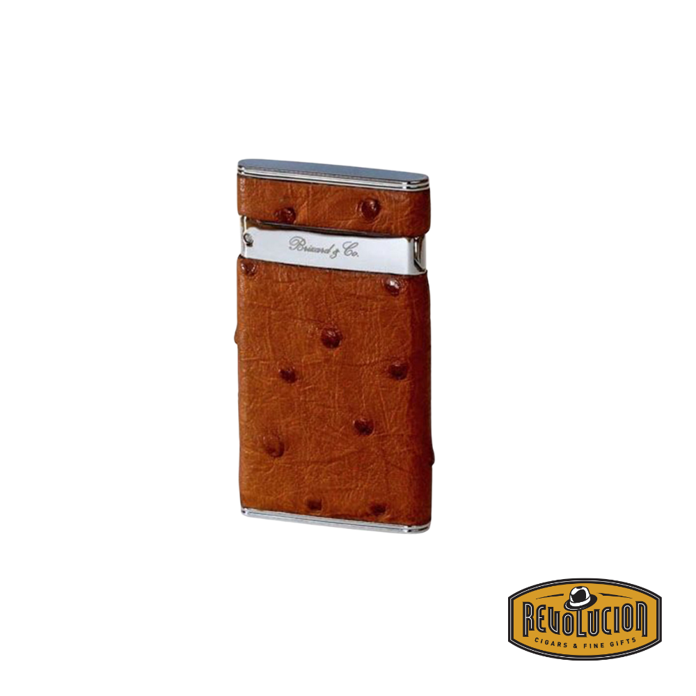Front View: Brizard & Co Sottile Single Flame Lighter in Ostrich Cognac, showcasing its slim profile and premium ostrich leather texture.