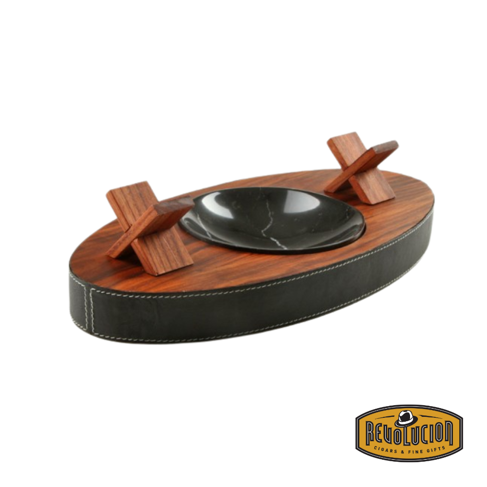 Brizard & Co. "Deck" Ashtray Oval (Double) in Wenge, featuring two magnetic wooden cigar holders and a polished marble ash collector