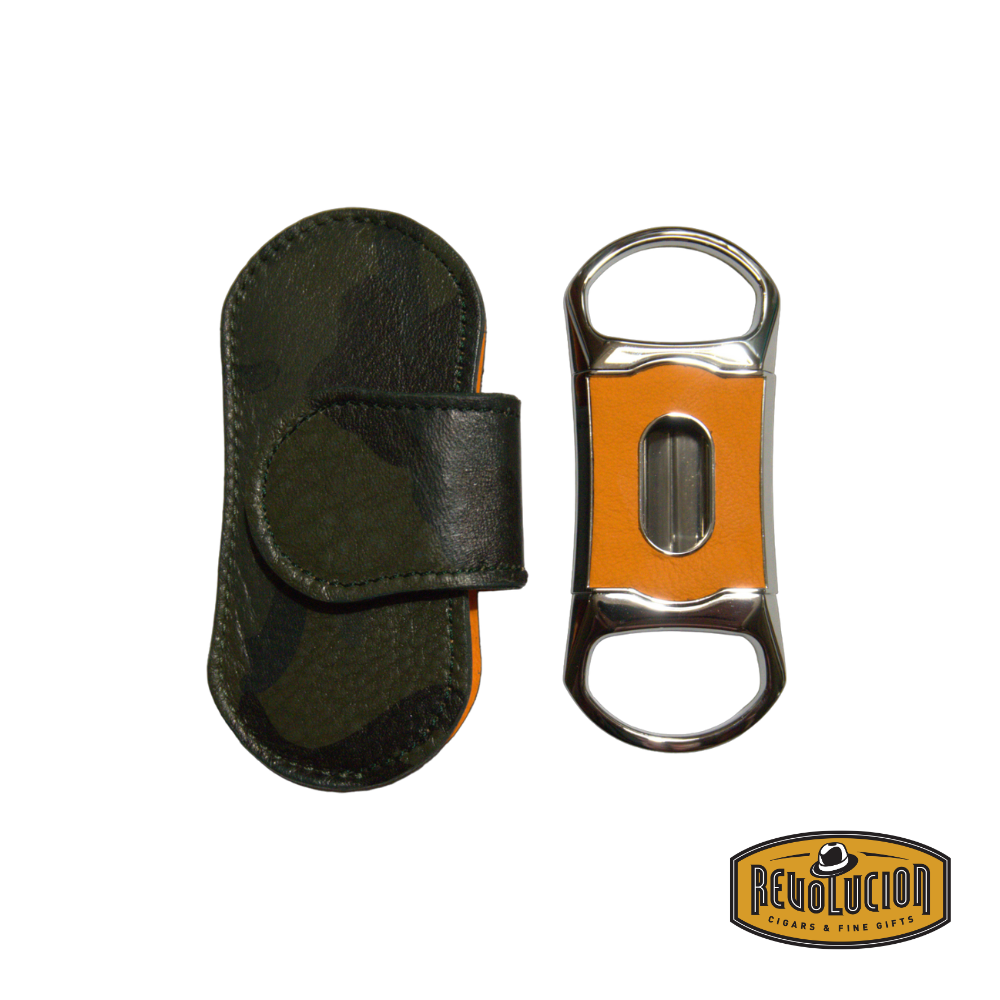 Brizard & Co. "V" Cigar Cutter with a vibrant orange finish, elegantly paired with its coordinated leather case, offering both precision and style.