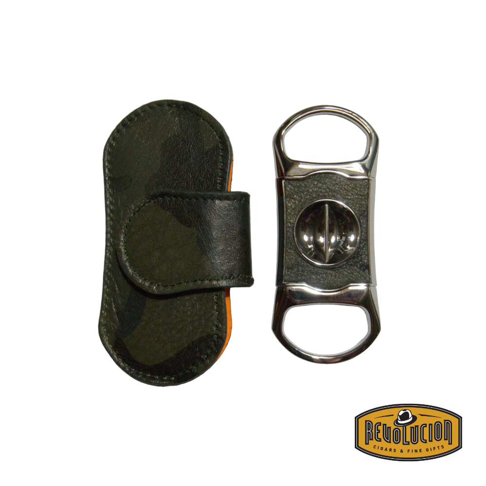 Brizard & Co. "V" Cigar Cutter featuring a camouflage pattern, displayed next to its matching leather case for a bold and refined cigar-cutting experience.
