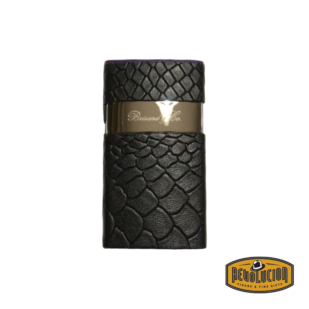 Brizard & Co Venezia Single Flame Lighter in Black Python & Purple, featuring a sleek exotic leather wrap with deep purple detailing.