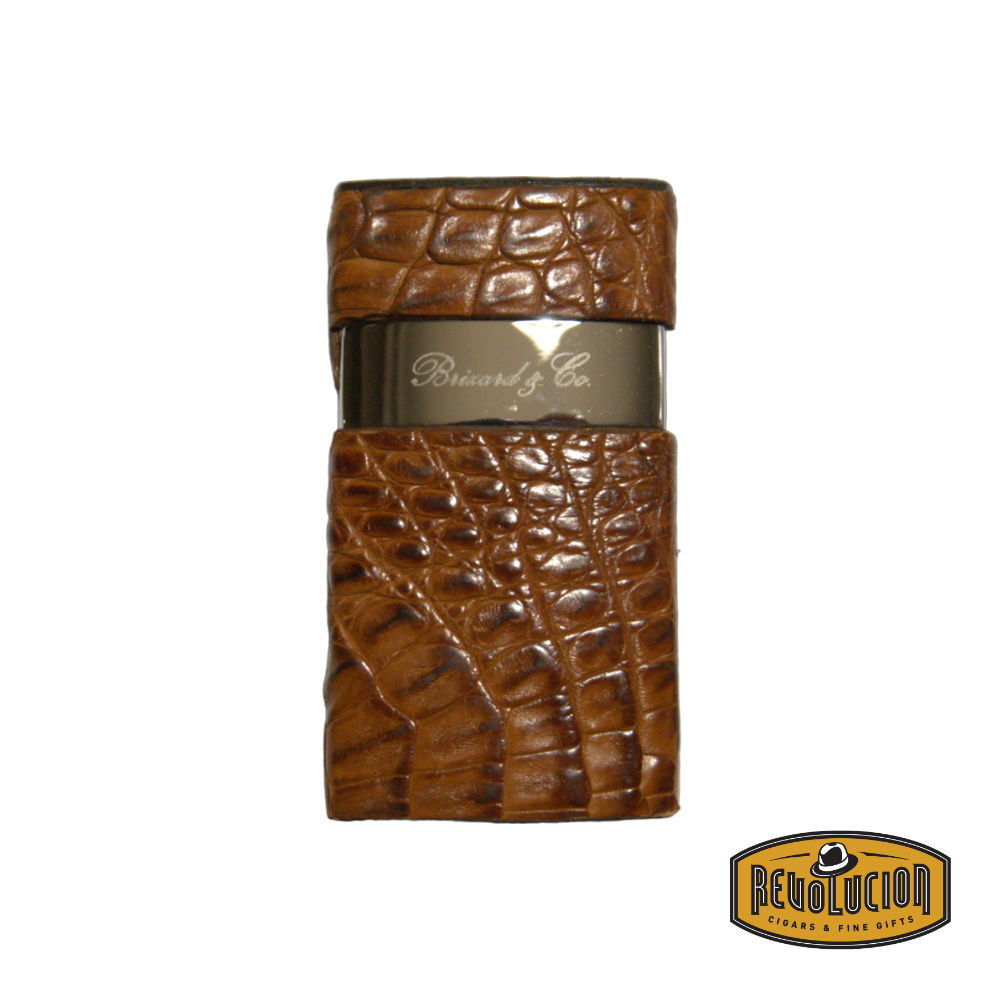 Front view of the Brizard & Co Venezia Single Flame Lighter - Genuine Caiman Cognac & Coffee, showcasing its elegant leather finish and refined craftsmanship.