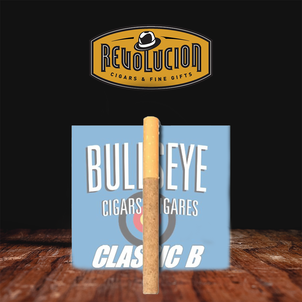 Single Bullseye B little cigar against a backdrop of its packaging. Revolucion Cigars & Fine Gifts logo in the top corner.