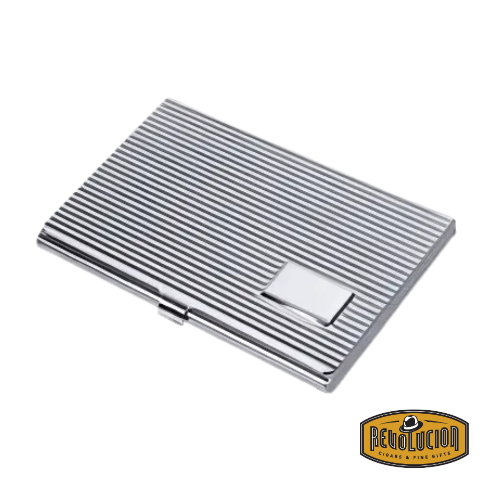 Stainless steel business card holder with sleek horizontal stripe design and polished finish.
