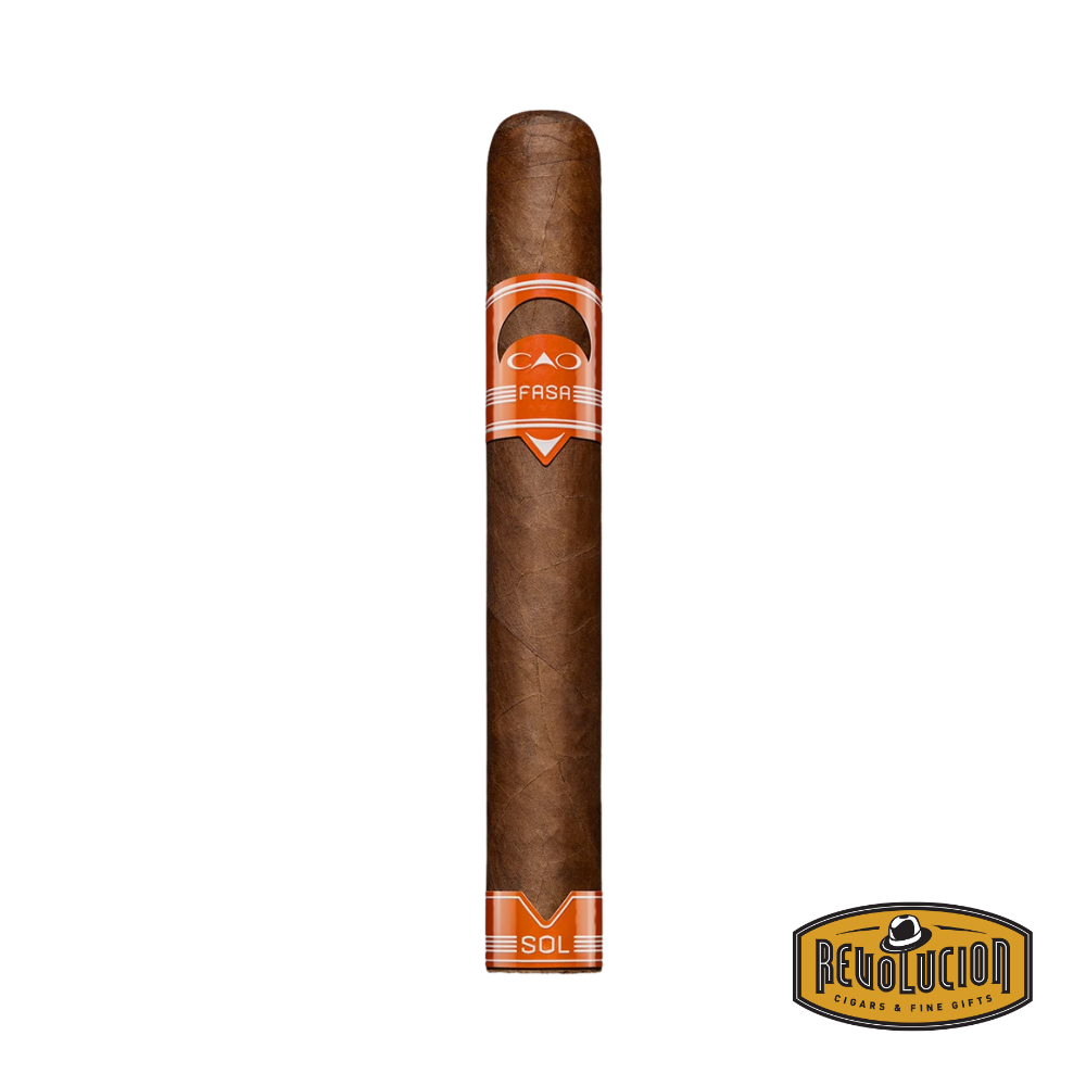CAO Fasa Sol Gigante – a medium-strength Honduran cigar in a large gigante format, featuring a smooth, golden-brown wrapper and a bright, vibrant band reflecting the solar-themed Fasa design.