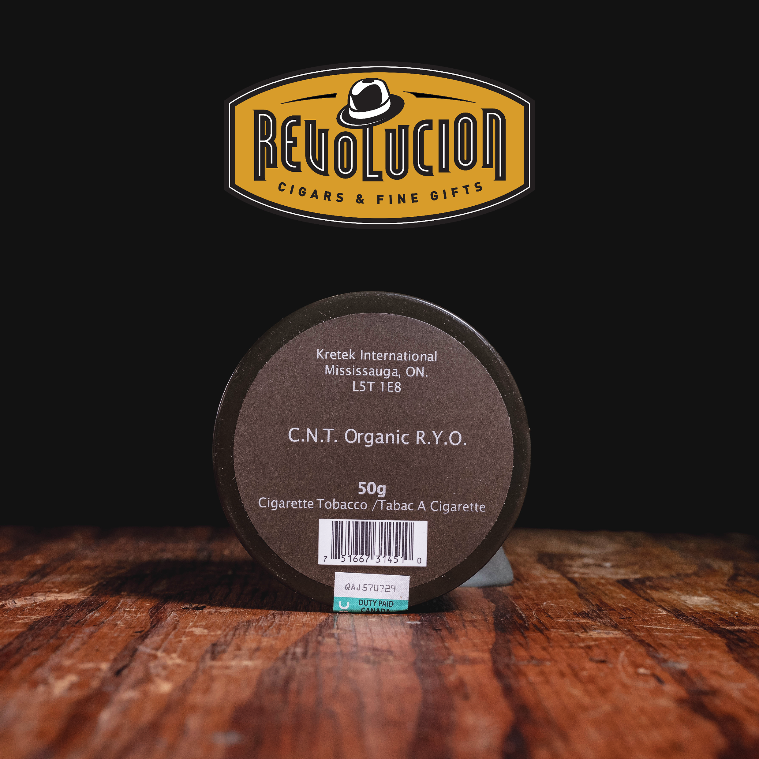 A plain-packaged CNT RYO Organic Rolling Tobacco - 50g viewed from the top, showcasing a minimalist design.