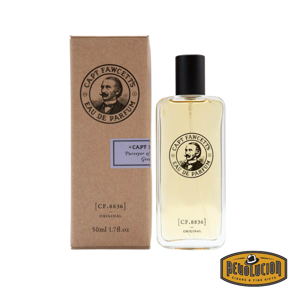 Captain Fawcett Eau De Parfum bottle placed beside its elegant box, highlighting its vintage-inspired design and classic fragrance.