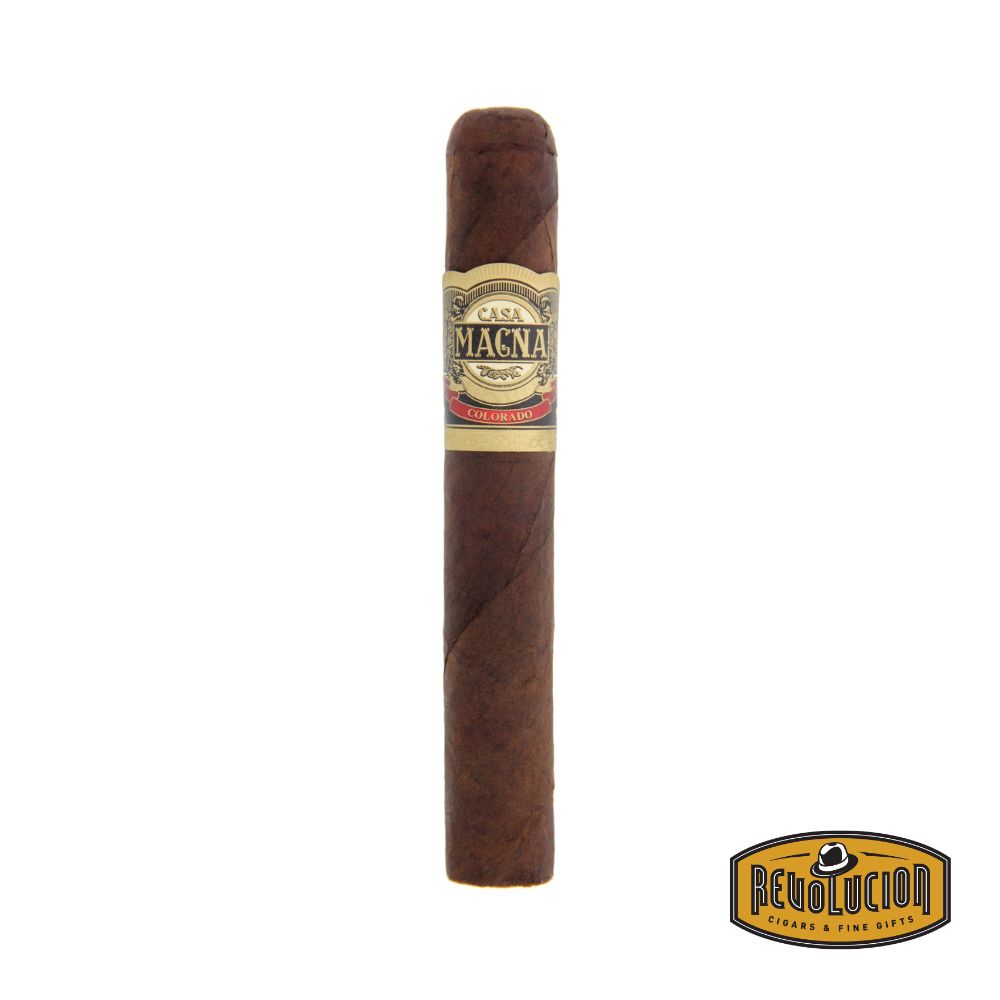 Casa Magna Robusto Colorado Nicaraguan cigar resting on a wooden surface, showcasing its rich, dark wrapper and distinctive band.