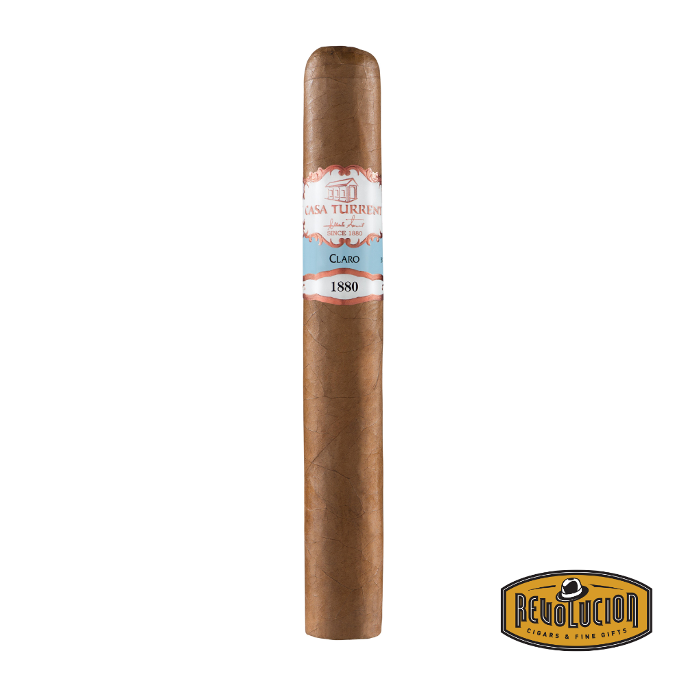 Casa Turrent 1880 Claro Double Robusto cigar, a medium-strength premium Mexican cigar hand-rolled with a light claro wrapper and aged tobaccos, offering a smooth, balanced smoking experience.
