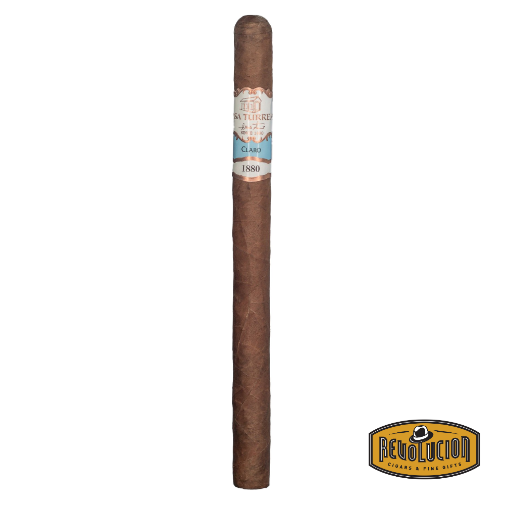 Casa Turrent 1880 Claro Lancero Mild Strength Mexican Cigar placed on a white background with the Revolucion logo, showcasing its elegant, slim shape and light claro wrapper.