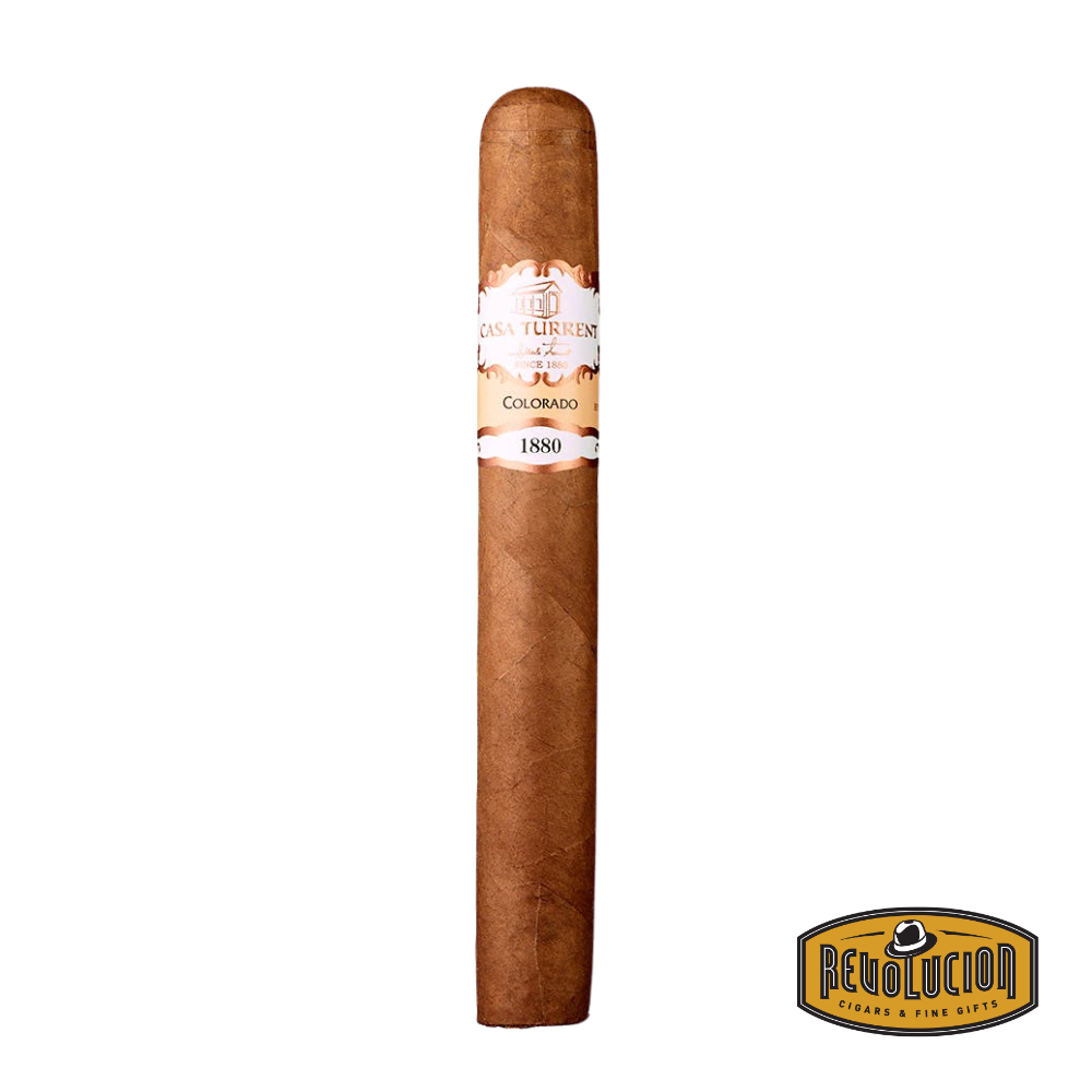 Casa Turrent 1880 Colorado Double Robusto Medium Strength Mexican Cigars on a white background with the Revolucion logo, displaying its robust double robusto shape and rich, reddish-brown wrapper.