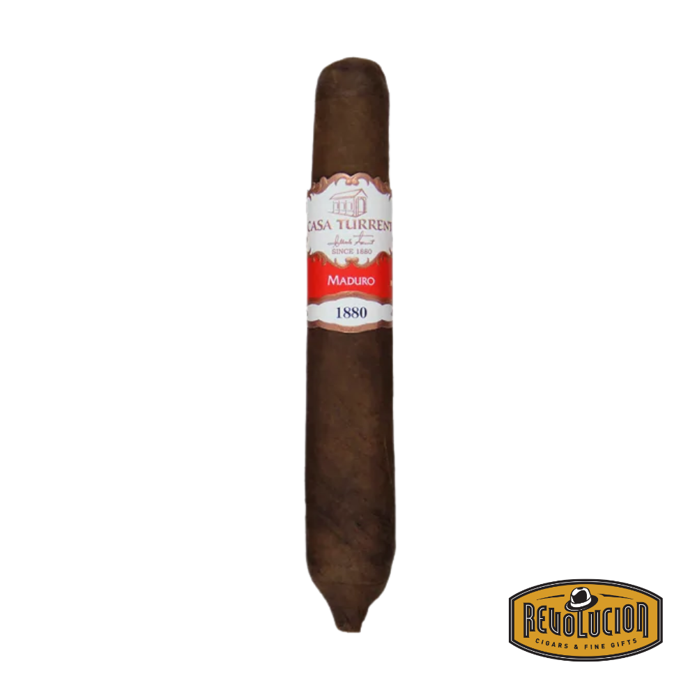 Casa Turrent 1880 Maduro Perfecto Mexican cigar on a white background with the Revolucion logo, featuring a medium strength profile and the Casa Turrent band.