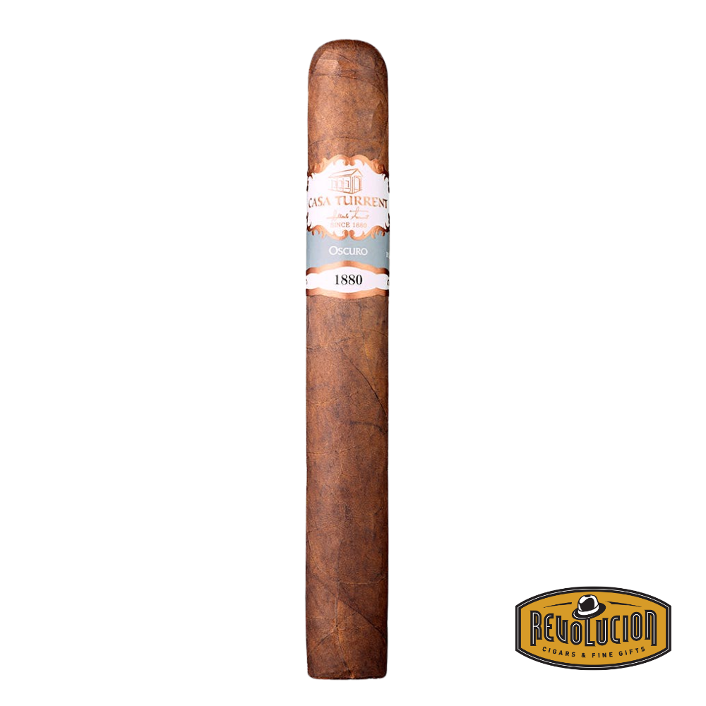 Casa Turrent 1880 Oscuro Double Robusto Medium Strength Mexican Cigar featuring a dark, rich wrapper and a bold, robust profile with intricate band design, displayed on a wooden surface with a white background.