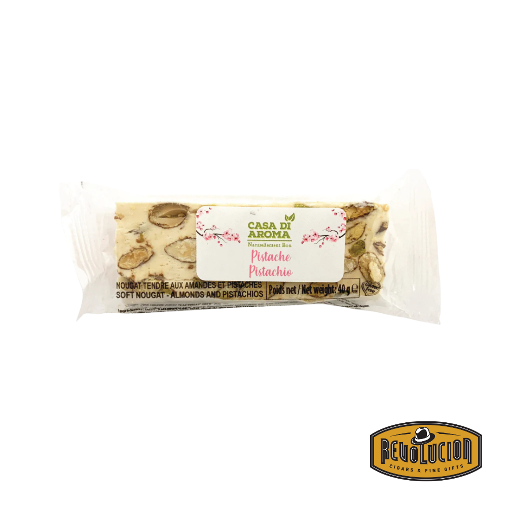 Casa Di Aroma Pistachio Soft Nougat with Honey Bar in elegant packaging, showcasing creamy nougat embedded with whole pistachios and hints of golden honey.