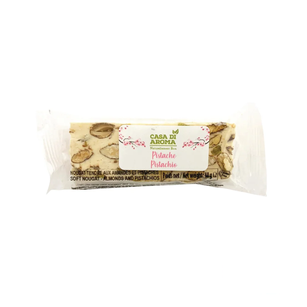 Casa Di Aroma Pistachio Soft Nougat with Honey Bar in elegant packaging, showcasing creamy nougat embedded with whole pistachios and hints of golden honey.