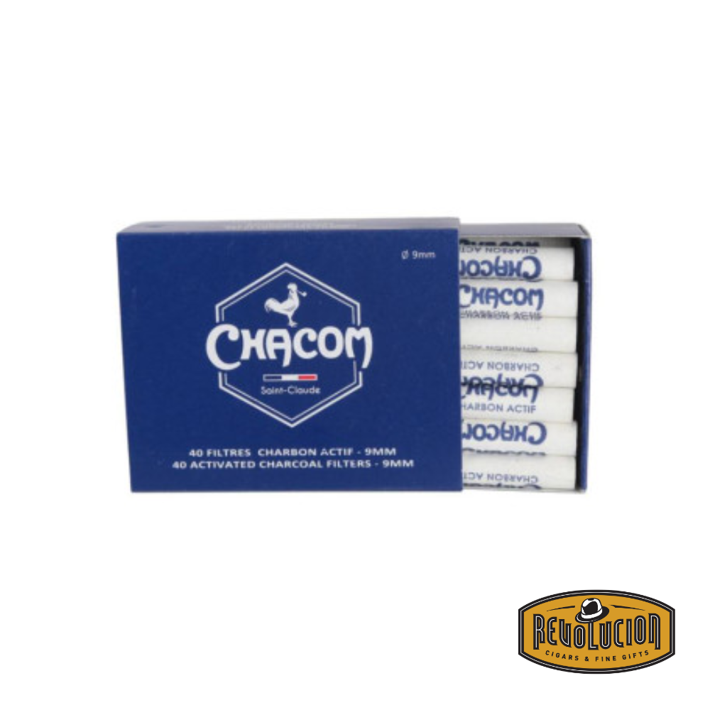 Chacom Carbon 9mm Pipe Filters displayed with packaging and individual filters.