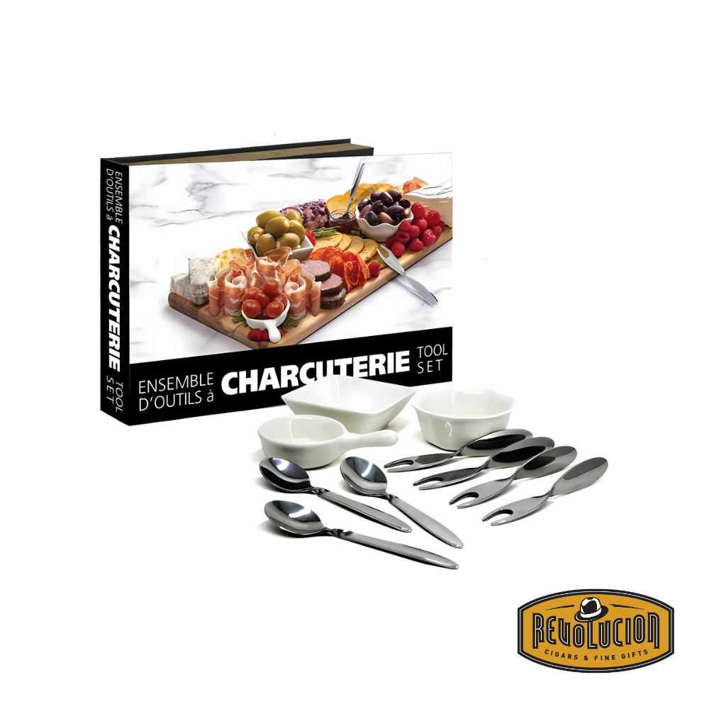 Natural Living 10-piece charcuterie tool set neatly arranged, featuring knives, forks, and serving tools ideal for cheese and meat boards.