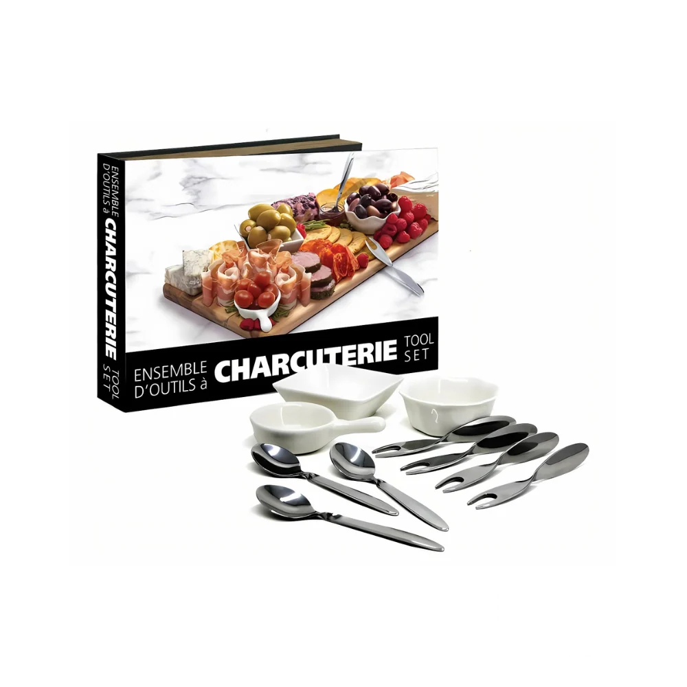 Natural Living 10-piece charcuterie tool set neatly arranged, featuring knives, forks, and serving tools ideal for cheese and meat boards.