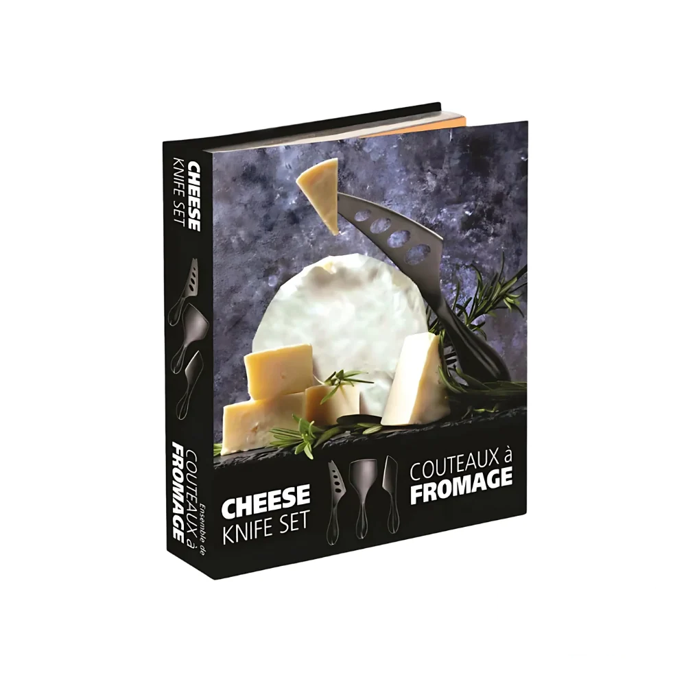Cheese Knife Set 3 Piece by Natural Living, featuring a stylish box with a cheese and herb design on the cover, perfect for entertaining and gifting.