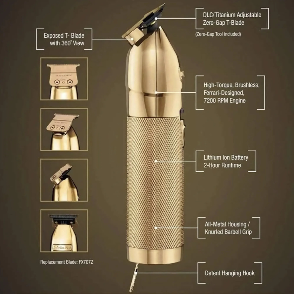 Close-up of the Babyliss Pro Foil FX Gold packaging description highlighting product features and specifications.