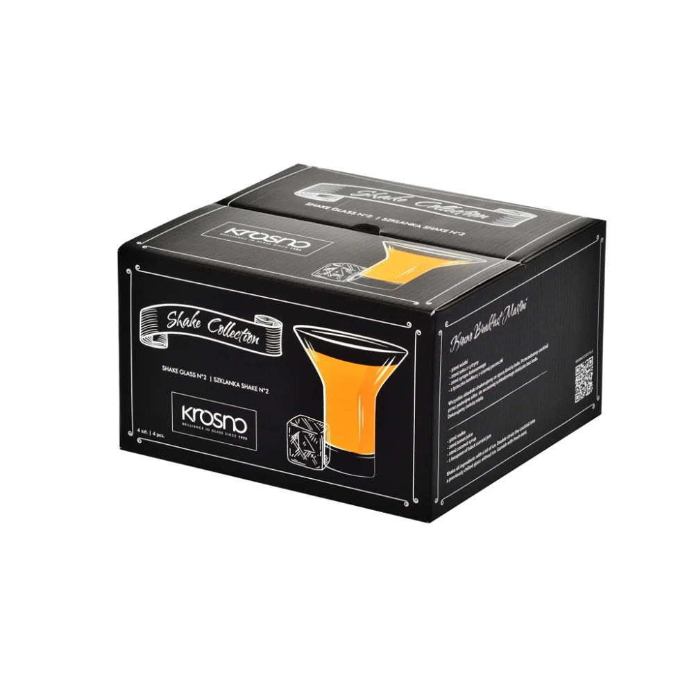 Packaging for the Krosno Shake Collection No. 2, featuring a modern black box with an illustration of a sleek cocktail glass filled with a vibrant orange drink.