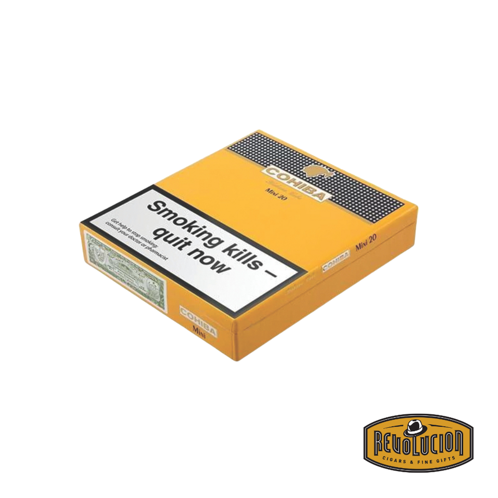 Cohiba Mini Medium-Strength Cuban Cigarillo, closed box featuring the iconic Cohiba logo.