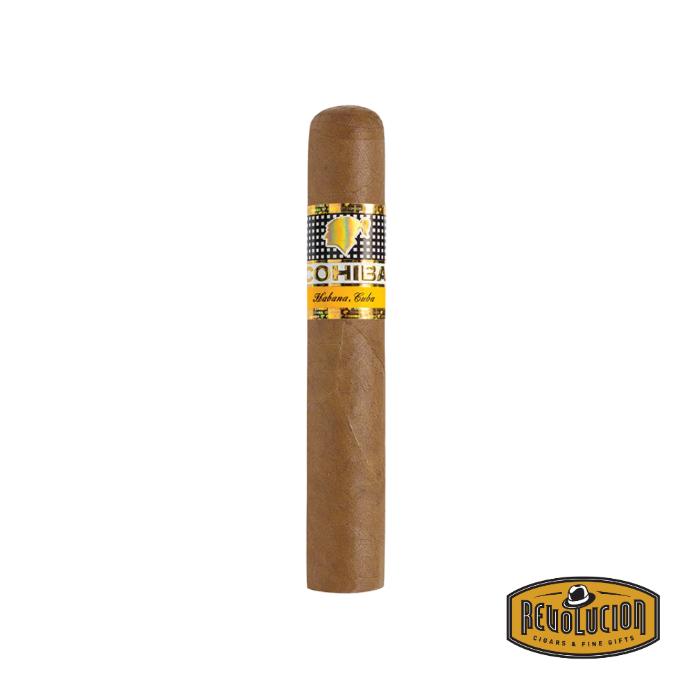 Cohiba Robusto Cuban cigar on a white background with the Revolucion logo, featuring a medium-full strength profile and iconic gold and black Cohiba band.