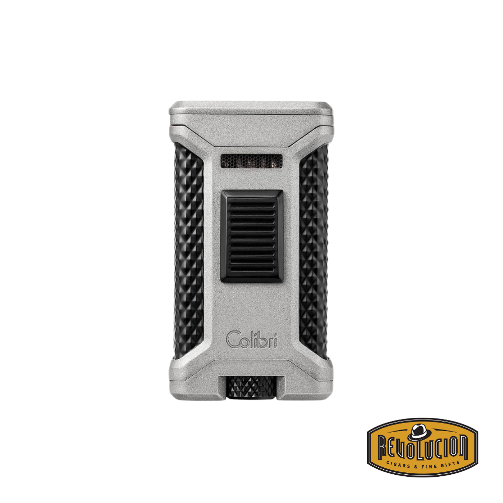 Colibri Ascari Triple Flame Lighter in charcoal and black, featuring a sleek and modern design with a durable metal body, displayed against a neutral background.