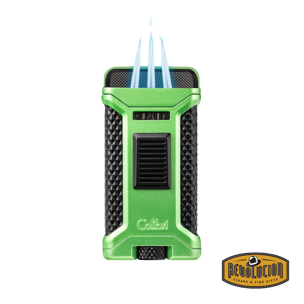 Colibri Ascari Triple Flame Lighter in green, opened and ignited, showcasing its three powerful blue flames and built-in cigar punch cutter.