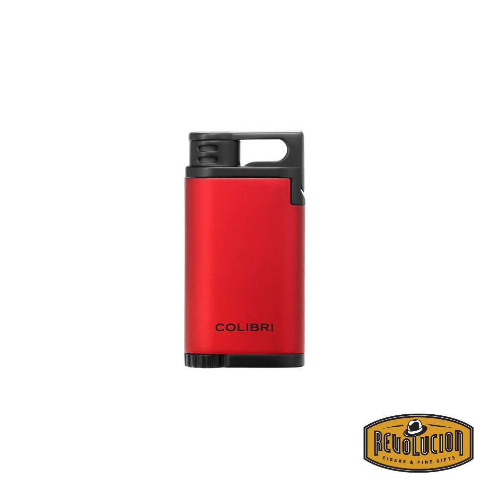 Colibri Belmont Single Jet Flame Lighter in red and black, featuring a modern and stylish design with the Revolucion logo in the corner.