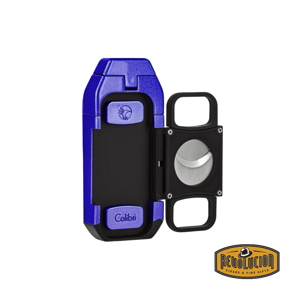 Colibri Boss Triple-Jet Flame Lighter in blue, featuring a built-in cutter for a premium cigar experience.