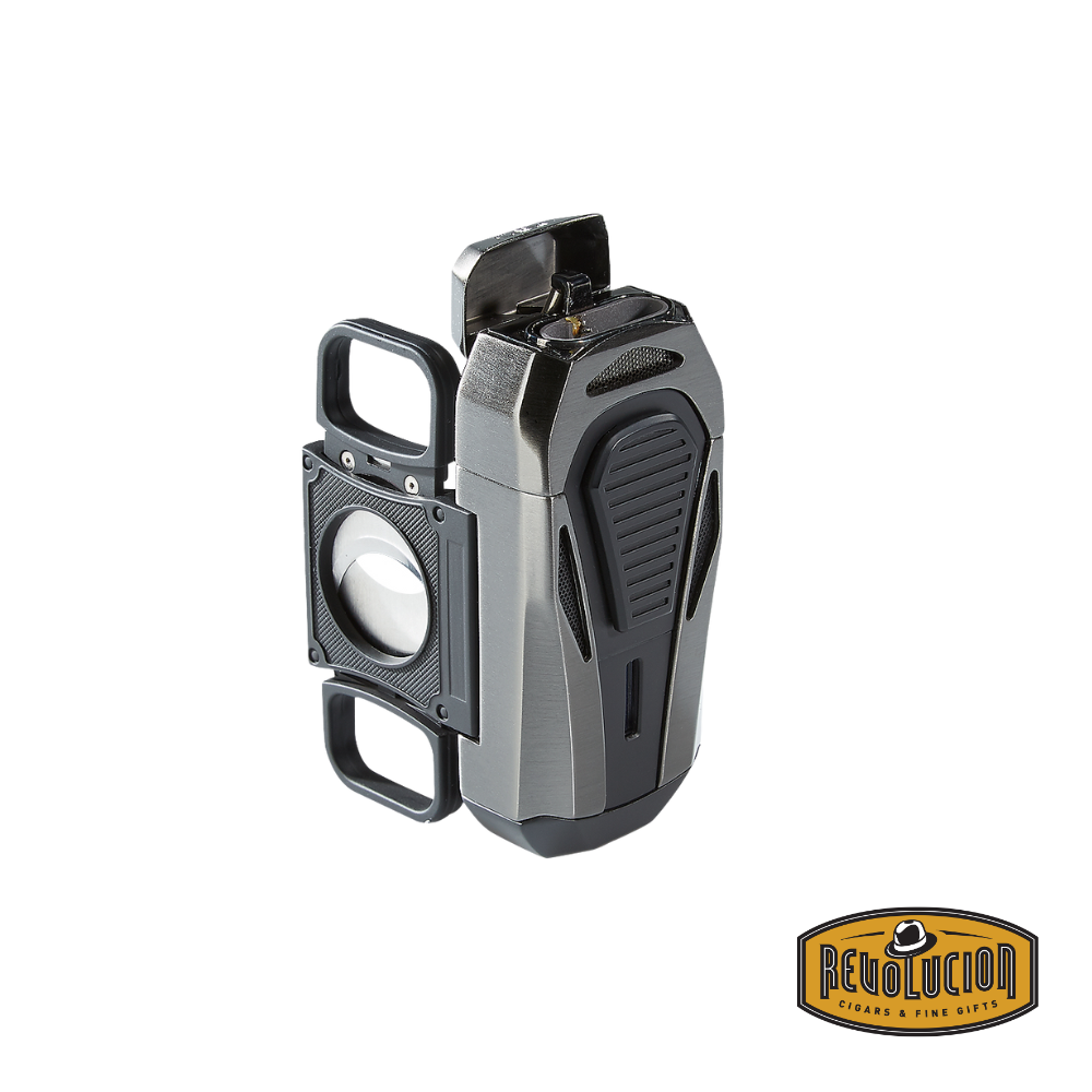 Colibri Boss Triple-Jet Flame Lighter in gunmetal, featuring a built-in cutter for a premium cigar experience.