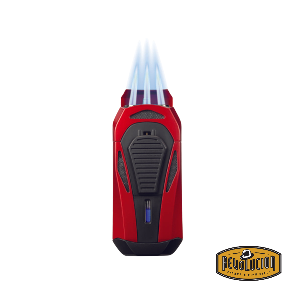 Colibri Boss Triple-Jet Flame Lighter in red, opened with three powerful flames for a precise and even burn.