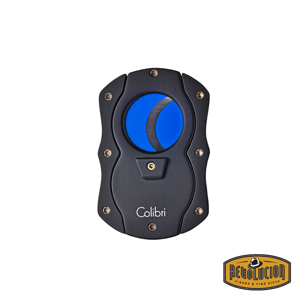 A sleek Colibri cigar cutter in black and blue, shown in its closed position, featuring a modern ergonomic design.